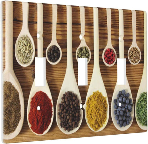 Kitchen Light Switch Cover Decorative Triple Wall Plate 3 Gang Toggle Switch Plate Covers Bedroom Electrical Faceplate 4.50 x 6.38 Inch Colorful Spices and Spoons