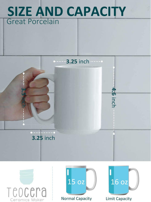 Porcelain White Coffee Mugs Set of 4-15 Ounce Cups with Large Handle for Hot or Cold Drinks like Cocoa, Milk, Tea or Water - Smooth Ceramic with Classic Design