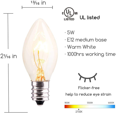 50 Pack C7 Christmas Replacement Light Bulbs, C7 Clear Incandescent Bulb for Christmas String Light, E12 Candelabra Base, 5 Watt, Clear