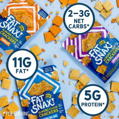 Fat Snax Low-Carb Keto Crackers, Variety Pack, 2.25 Ounce (Pack of 3), Cheddar, Everything and Sea Salt Almond Flour Crackers, Certified Gluten-Free, Low Sugar Healthy Snack, 2-3g Net Carbs, 11g Fat
