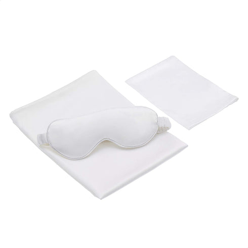 Amazon Basics 100% Mulberry Silk Sleep Set for Hair and Skin with Pillowcase, Eye-Mask and Travel Pouch - Dual Side 19 Momme Silk, White, Standard, Sleep Set