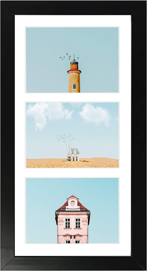 Golden State Art, 7x14 Black Photo Wood Collage Frame with Mat displays (3) 4"x6" Pictures