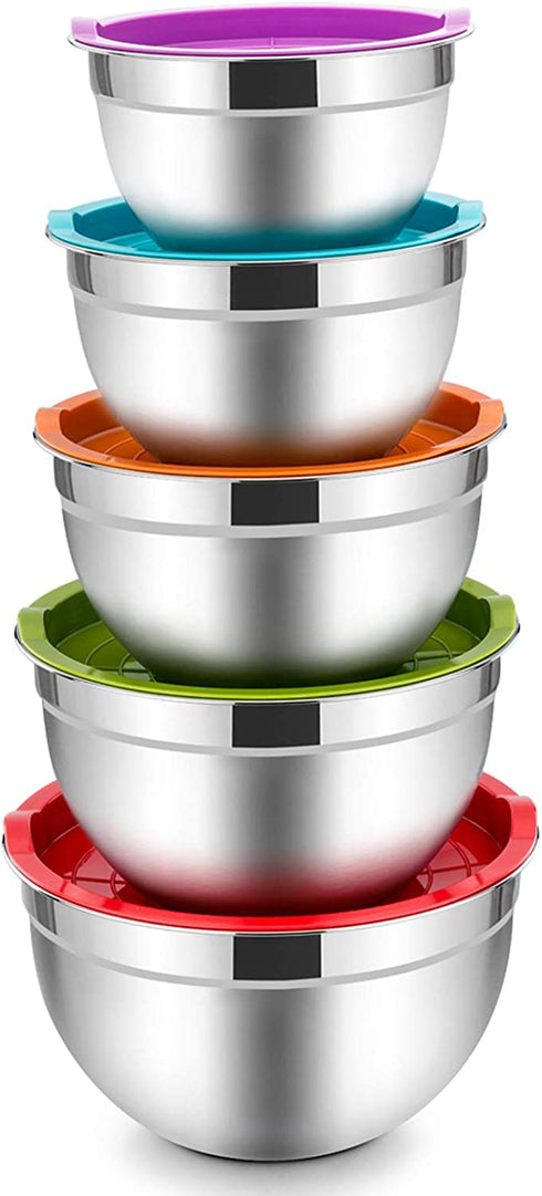 Mixing Bowls with Lids Set of 5, E-far Stainless Steel Mixing Bowls Metal Nesting Bowls with Airtight Lids, Non-toxic & Dishwasher Safe, Great for Cooking, Baking, Serving - Size 0.7/1/1.5/3/4.5QT