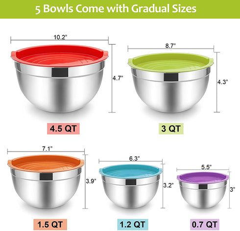 Mixing Bowls with Lids Set of 5, E-far Stainless Steel Mixing Bowls Metal Nesting Bowls with Airtight Lids, Non-toxic & Dishwasher Safe, Great for Cooking, Baking, Serving - Size 0.7/1/1.5/3/4.5QT