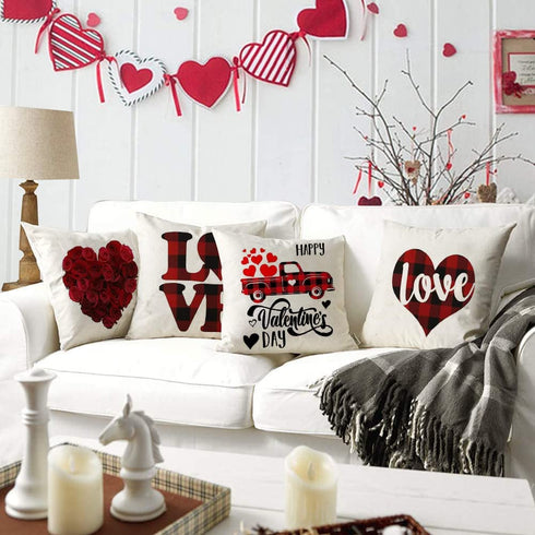 Valentine's Day Pillow Covers 18x18 Set of 4 Buffalo Plaid Heart Love Pillow Cases Sofa