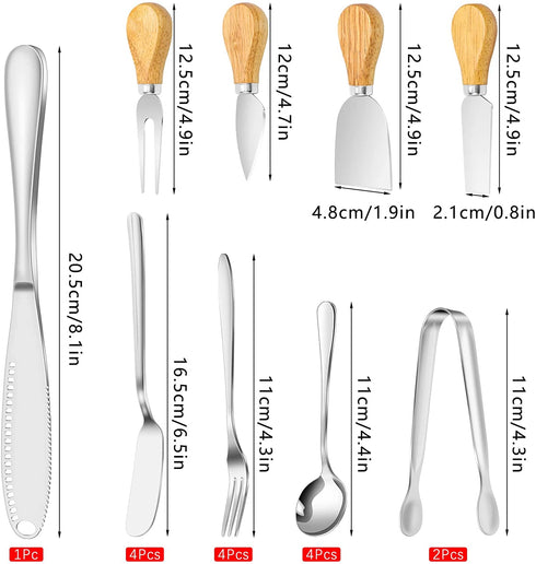 Dreamtop 19 Pcs Cheese Knife Set Cheese Butter Spreader Knife Stainless Steel Cheese Spatula Set Cheese Slicer Knife Mini Serving Tongs Spoons Forks Charcuterie Board Accessories Utensils