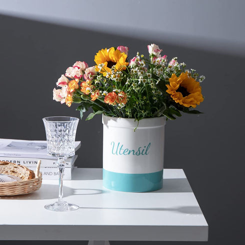 SWEEJAR Kitchen Utensil Holder, 7.2" Ceramic Utensil Crock for Cooking Countertop, Housewarming, Wedding, Birthday Gift (Turquoise)