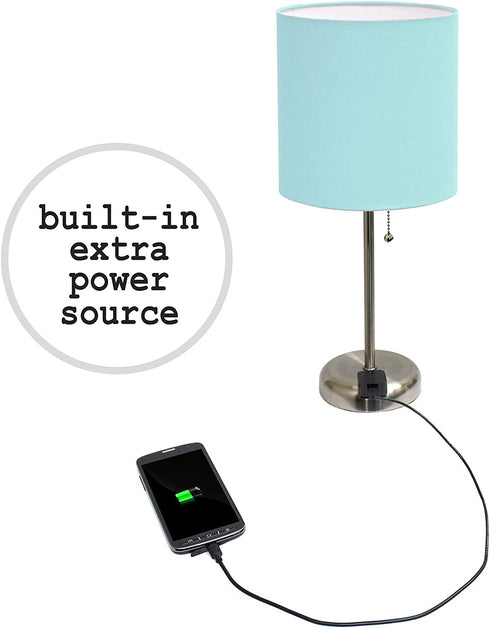 Limelights LT2024-AQU Stick Charging Outlet Table Lamp, Brushed Steel Base/Aqua Shade