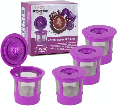 Brew Addicts 4 Reusable K-Cups Filter - for Keurig 1.0 Brewers, Eco-Friendly Universal Fit Refillable Single Cup Coffee Filters, Stainless steel Mesh Filter, Purple