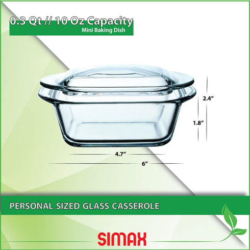 Simax Casserole Dish For Oven: Mini Glass Baking Dish With Lid Small, Personal Sized Bakeware and Cookware - Great for Storage Microwave, Oven, And Dishwasher Safe Borosilicate Glass Dish 10 Oz.