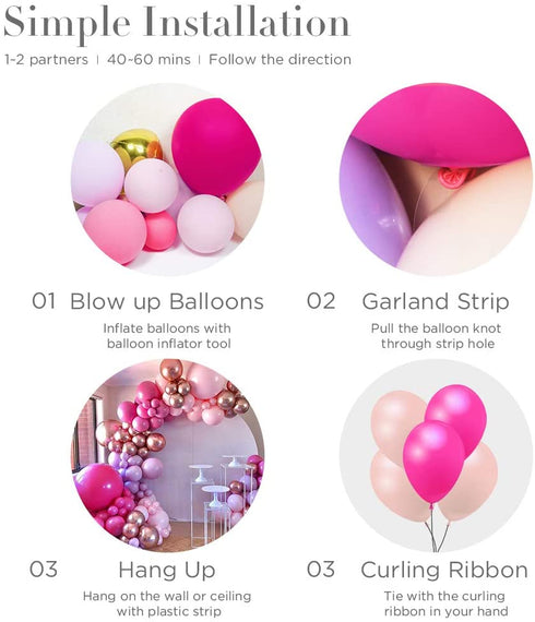 Princess Hot Rose Red Balloon Baby Pink Balloon Chrome Rose Gold Balloon Macaron Light Purple Balloon 132Pcs,Balloon Arch for Birthday of The Princess,Engagement,Graduation,Picnic,Baby Shower,Christmas or Party Decoration.