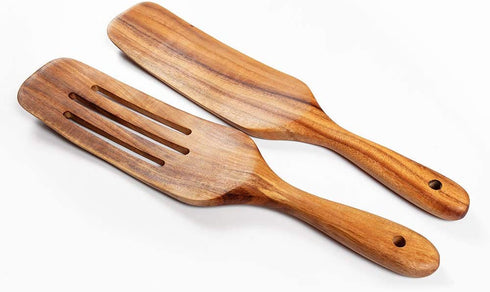 4 PCS Wooden Spurtle Spoons/Utensils Set For Cooking, Natural Acacia Wood Wok Spatula Kitchen Tools Set with 4 Hooks for Stirring Mixing When Cooking Steak Salad Butter
