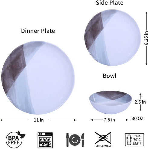 Melamine Plates and Bowls Set - 12pcs Dinnerware Sets for 4, Dinner Plates for Indoor and Outdoor Use, Break-resistant, Grey & White