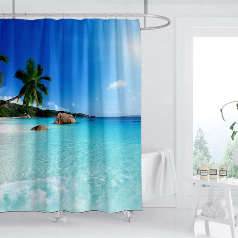 Ocean Beach Shower Curtain Blue Sky Sea Tropical Palm Trees Seaside Landscape Bath Curtain Waterproof Fabric Bathroom D©cor 72x72 Inch Plastic Hooks 12PCS Ocean Green