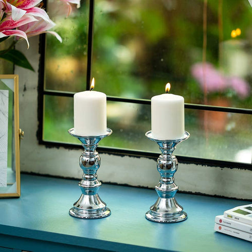 Nuptio Silver Pillar Candle Holders, Wedding Centerpieces Metal Candle Holder for 2 inches Candles Stand Decoration Ideal for Weddings Special Events Parties Living Room, 4 Pcs