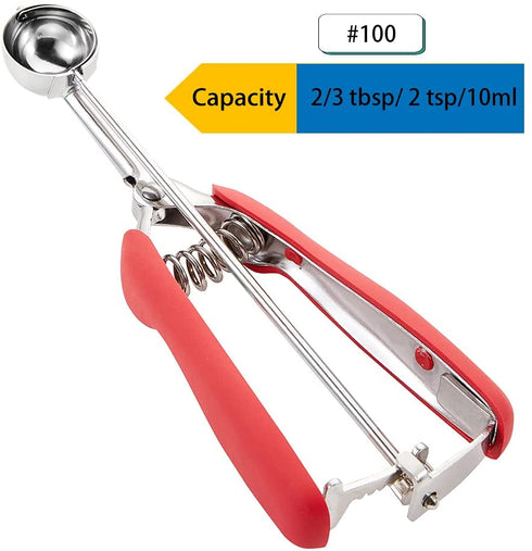 Mini Cookie Scoop, Cookie Dough Scoop, 2 Teaspoons/ 10 ML, 2/3 Tablespoons Spring-Loaded Scoop, Red, 18/8 Stainless Steel, Comfortable Grip