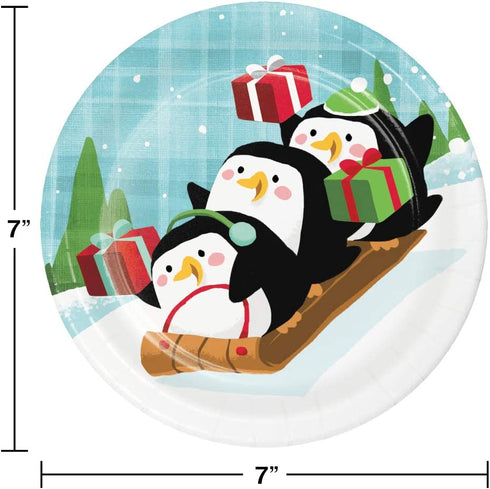 Fun with Santa Themed Party Supplies | Bundle Includes Paper Plates and Napkins for 16 People Plus Tablecover | Santa and Penguins Design