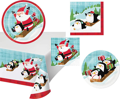 Fun with Santa Themed Party Supplies | Bundle Includes Paper Plates and Napkins for 16 People Plus Tablecover | Santa and Penguins Design
