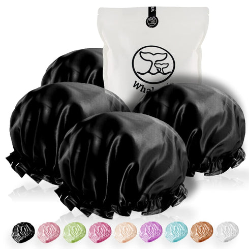 Shower Cap for Men Reusable Extra Large Shower Cap for Women (Black 4 Pack Large) Satin Double Layer EVA Waterproof Long Hair Cap