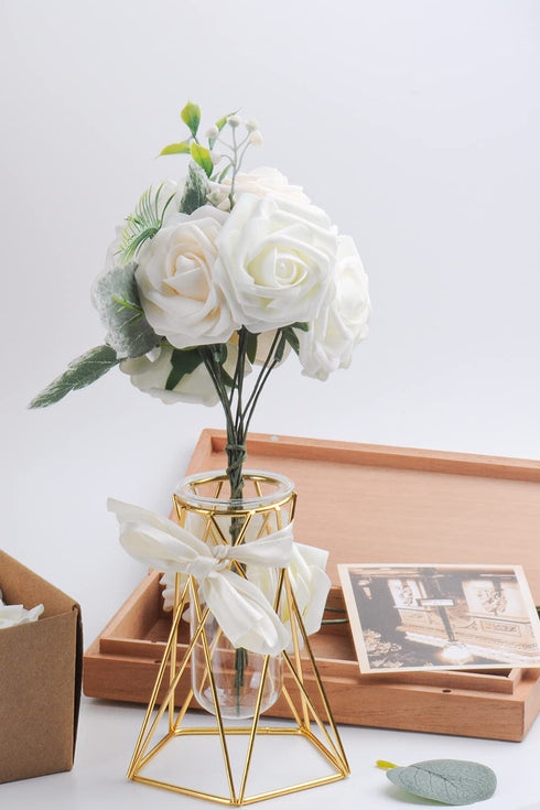 GeeSoft Valentine's Day Artificial Flowers Fake Roses 50 PCS w/Stem Rose Heads for Bouquets for Wedding Decorations Centerpieces Arrangements Party Home Decor (Cream White+Champagne, 50pcs)