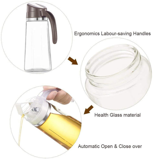 Auto Flip Olive Oil Dispenser Bottle,20 OZ Leakproof Condiment Container With Automatic Cap and Stopper,Non-Drip Spout,Non-Slip Handle for Kitchen Cooking ( 2 Pack White+ Brown)