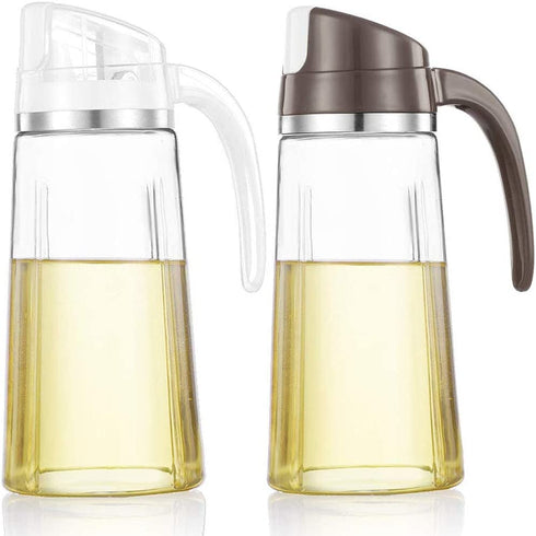 Auto Flip Olive Oil Dispenser Bottle,20 OZ Leakproof Condiment Container With Automatic Cap and Stopper,Non-Drip Spout,Non-Slip Handle for Kitchen Cooking ( 2 Pack White+ Brown)