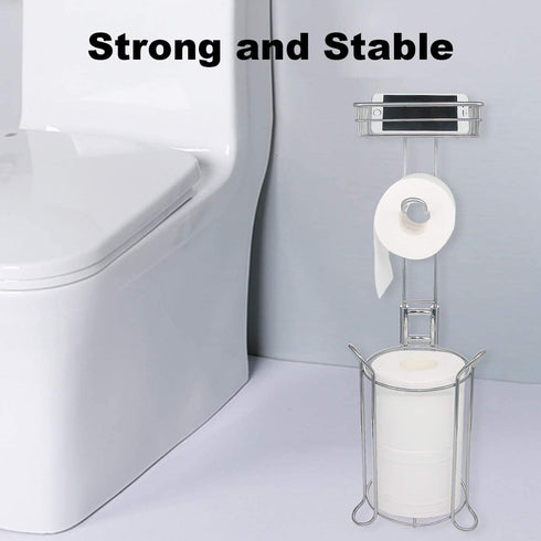 Toilet Paper Holder Stand with Storage Bathroom Free standing Toilet Tissue Holder with Dispenser Shelf for Mobile Phone, Hold 3 Rolls Reserve Toilet Roll Holder Metal Large Bathroom Storage Silver