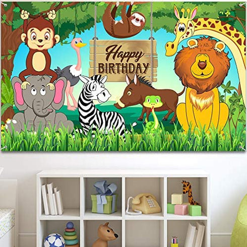 Jungle Animal Theme Birthday Party Decorations, Extra Large Fabric Safari Animal Elements Printed Happy Birthday Backdrop Funny Cartoon Forest Banner Background for Birthday Party Supplies, 6 x 3.6ft