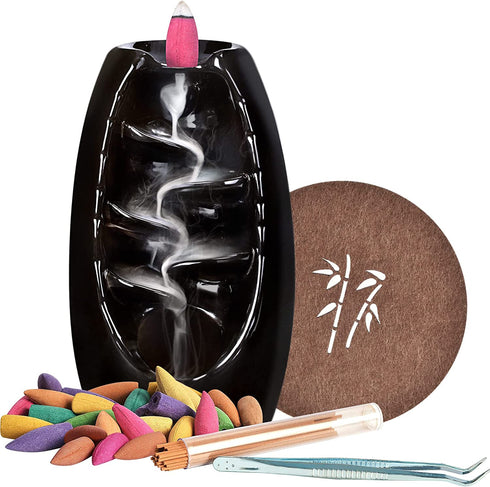 Ronlap Backflow Incense Burner, Ceramic Waterfall Smoke Incense Holder with 120 Upgraded Incense Cones+30 Incense Sticks+1 Tweezer+1 Mat, for Aromatherapy Meditation Home Decorations, Black