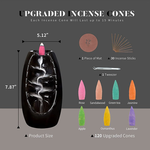 Ronlap Backflow Incense Burner, Ceramic Waterfall Smoke Incense Holder with 120 Upgraded Incense Cones+30 Incense Sticks+1 Tweezer+1 Mat, for Aromatherapy Meditation Home Decorations, Black