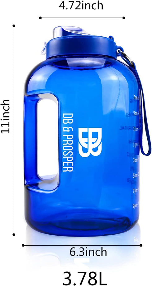 DB & PROSPER Large One Gallon Blue Motivational Water Bottle With Time Marker | Bottles | Hydration | Gym | Exercise | Hiking | camping | water jugs | sports accessories | wellness