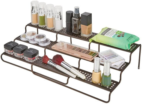mDesign Adjustable, Expandable Kitchen Wire Metal Storage Cabinet, Cupboard, Food Pantry, Shelf Organizer Spice Bottle Rack Holder - 3 Level Storage - Up to 25" Wide - Bronze
