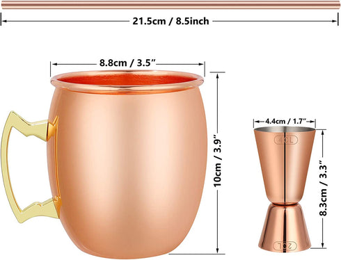 Pitmoly Moscow Mule Copper Mugs, Set of 4 Mugs, Smooth Surface Design 18 oz Copper Cups Set with 4 Cocktail Copper Straws and a Jigger