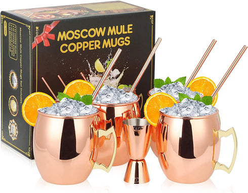Pitmoly Moscow Mule Copper Mugs, Set of 4 Mugs, Smooth Surface Design 18 oz Copper Cups Set with 4 Cocktail Copper Straws and a Jigger