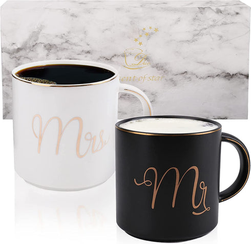 Yesland 12 oz Mr and Mrs Mug, Ceramic Coffee Mug for the Couple, Ideal Gift for Engagement, Anniversary, His and Hers, Bride and Groom, Valentines and Christmas Gifts - Set of 2 (Black & White)
