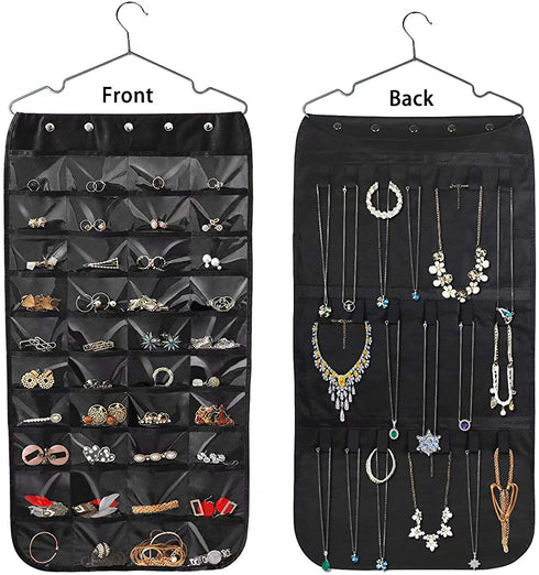 Hanging Jewelry Organizer, Double Sided 40 Pockets and 20 Magic Tape Hook Jewelry Organizer, Necklace Holder Jewelry Chain Organizer for Earrings Necklace Bracelet Ring with Hanger, Black