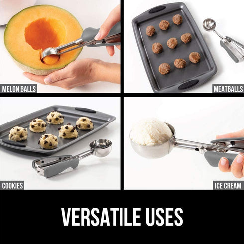 Gorilla Grip Premium Stainless Steel, Spring-Loaded Scoop for Fruit, Cookie and Ice Cream, Easy Squeeze and Clean Release, Comfortable Handle, Medium, 2 TBSP Scooper Size 30, Uniform Portions, Gray