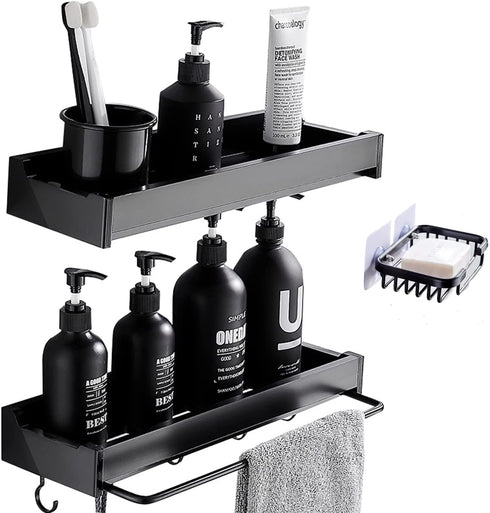 Shower Organizer, Shower Shelf with Hooks and Soap Holder, Shower Rod Bracket with Retractable Towel Rack, No Drilling Adhesive Wall Shelves for Bathroom and Kitchen (Black)