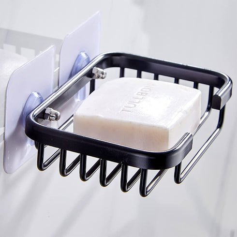 Shower Organizer, Shower Shelf with Hooks and Soap Holder, Shower Rod Bracket with Retractable Towel Rack, No Drilling Adhesive Wall Shelves for Bathroom and Kitchen (Black)