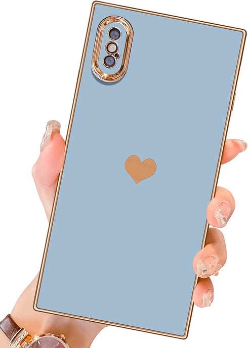 MTBacon Compatible with iPhone X, iPhone Xs Square Case, Cute Love Heart Case for Women Girls Camera Lens Protection Electroplate Reinforced Corners Shockproof Case for iPhone X/XS - Lavender Grey