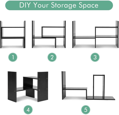 Hotwheel Desk Shelf Organizers and Storage, Expandable Mini Bookshelf for Bedroom, Adjustable Wood Desktop Shelf Black, Home & Office Decor
