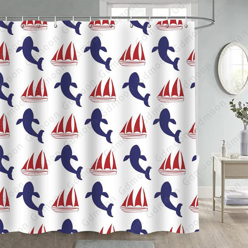 Gdmoon Sea Animals Whale Shower Curtain Navy Whale Nautical Ocean Theme Cartoon Home Decor Polyester Fabric Waterproof Durable Bathroom Curtain with 12 Hooks 72x72In YLWHGD1086