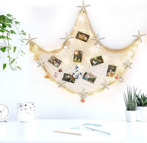 79 x 59 inch Nature Fish Net Wall Decoration with Sea Shells and 10 pcs Natural Starfish Mediterranean Style Decor Wall Decoration
