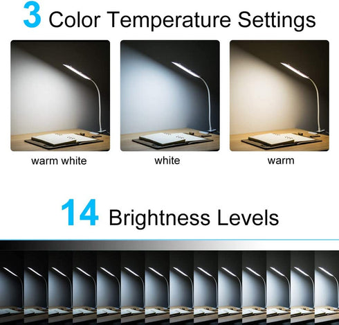 LED Desk Lamp Reading Light, JUANWE Clip on Light, Dimmable Clamp Light with USB Charging Port, 3 Modes & 14 Brightness Levels 5W LED Metal Clip Light, White