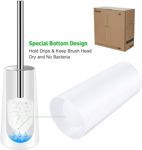 SpunKo Toilet Brush and Holder Set, 2 Pack WC Toilet Bowl Brush Cleaner with 304 Stainless Steel Long Handle, Toilet Scrubber Brush for Commercial Bathroom Restroom Deep Cleaning (White-2 Pack)