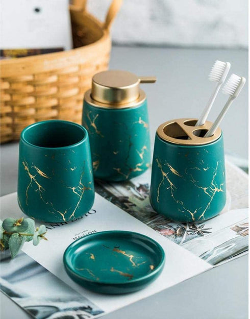 Bathroom Accessories Set ,4 Piece Toothbrush Holder Set Bath Accessories Set with Soap Dispenser, Tumbler, Soap Dish Ceramic Gift Set Luxury Bath Accessory (Dark green?four piece?)