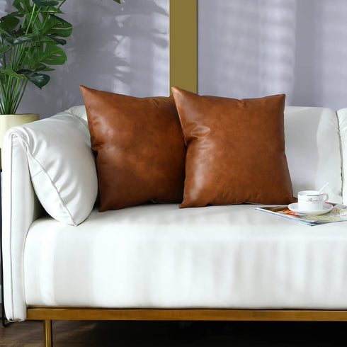 Homefeelzydys Throw Pillow Covers 18x18 Inch Set of 2, Faux Leather Accent Throw Pillow Cover 45x45 inch, Modern Country Farmhouse Style Pillowcase for Bedroom Living Room Sofa Brown Pillows