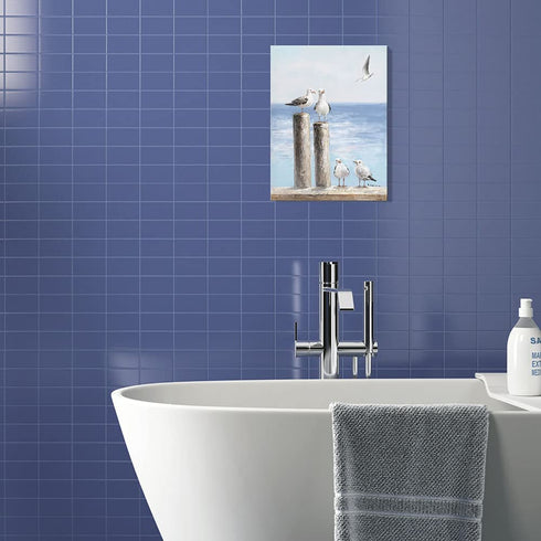 B BLINGBLING Seagull Relaxing On The Pier Painting Picture Sea Birds Beach Themed Wall Art Poster Calming Coastal Mural Print for Bathroom Framed and Easy to Hang (12"x16"x1 Panel)