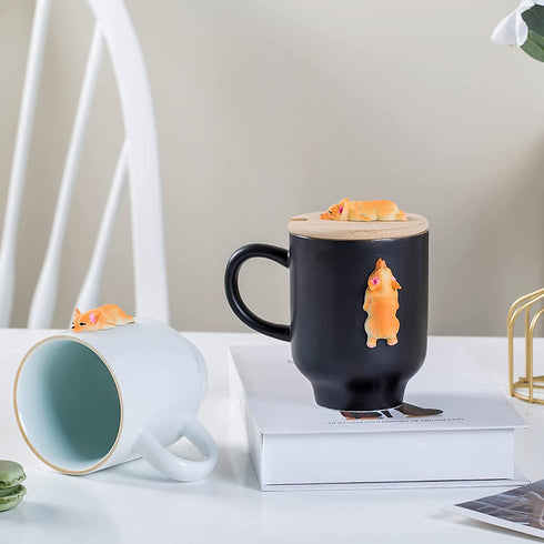 Matte Black Corgi Mug with Original Bamboo Lid,Handcrafted Corgi Gifts for Corgi Lovers Cute Coffee Mug Tea Cup Perfect Novelty Gifts Mug(14oz)(Black, Corgi)