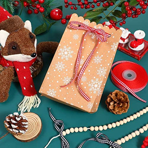 3 Rolls 75 Yards Gingham Ribbon Buffalo Woven Edge Ribbon with 10 M Twine Rope, Taffeta Ribbon Wrapping Plaid Ribbons for Hair Accessories Craft and Christmas Wrapping (4 Pieces)